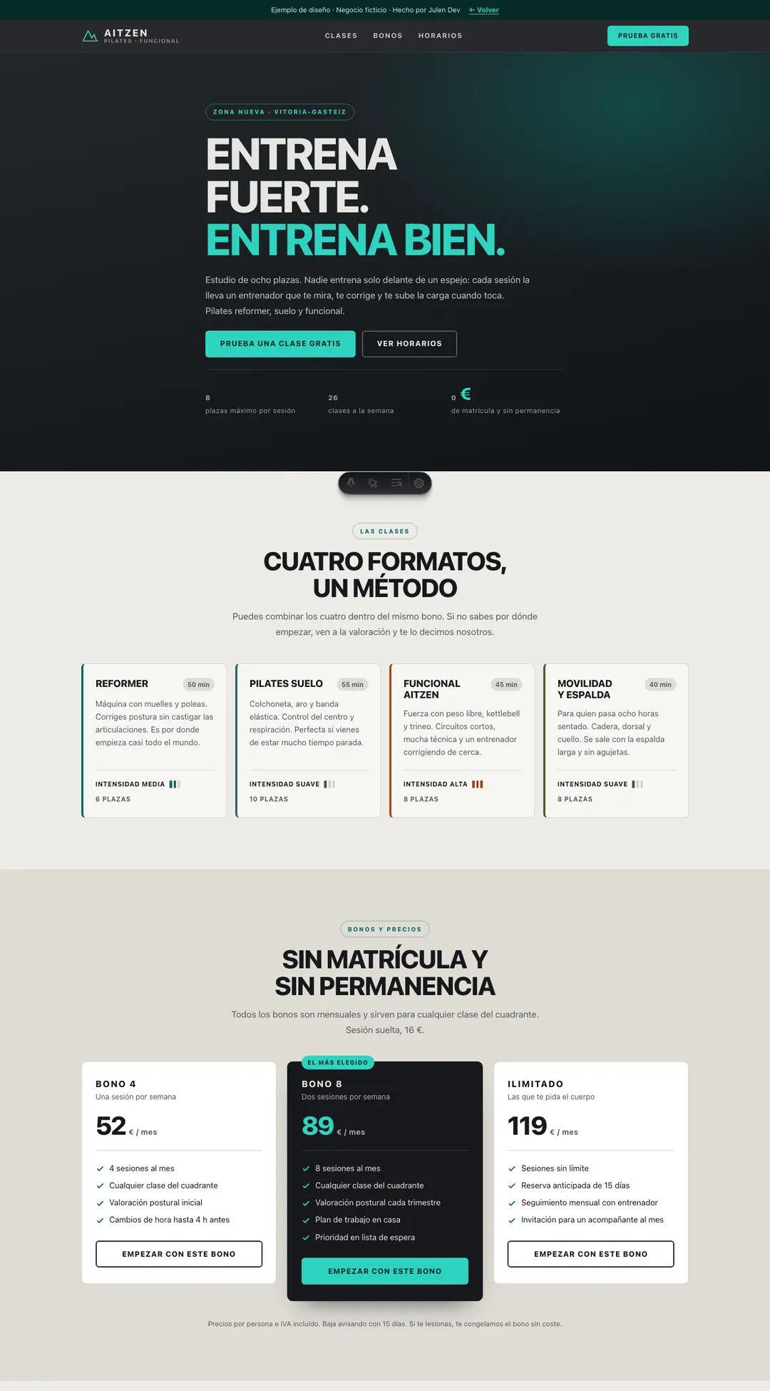 Captura de la web de ejemplo Aitzen, un centro de pilates: portada con la primera sesión gratis y el horario de clases.