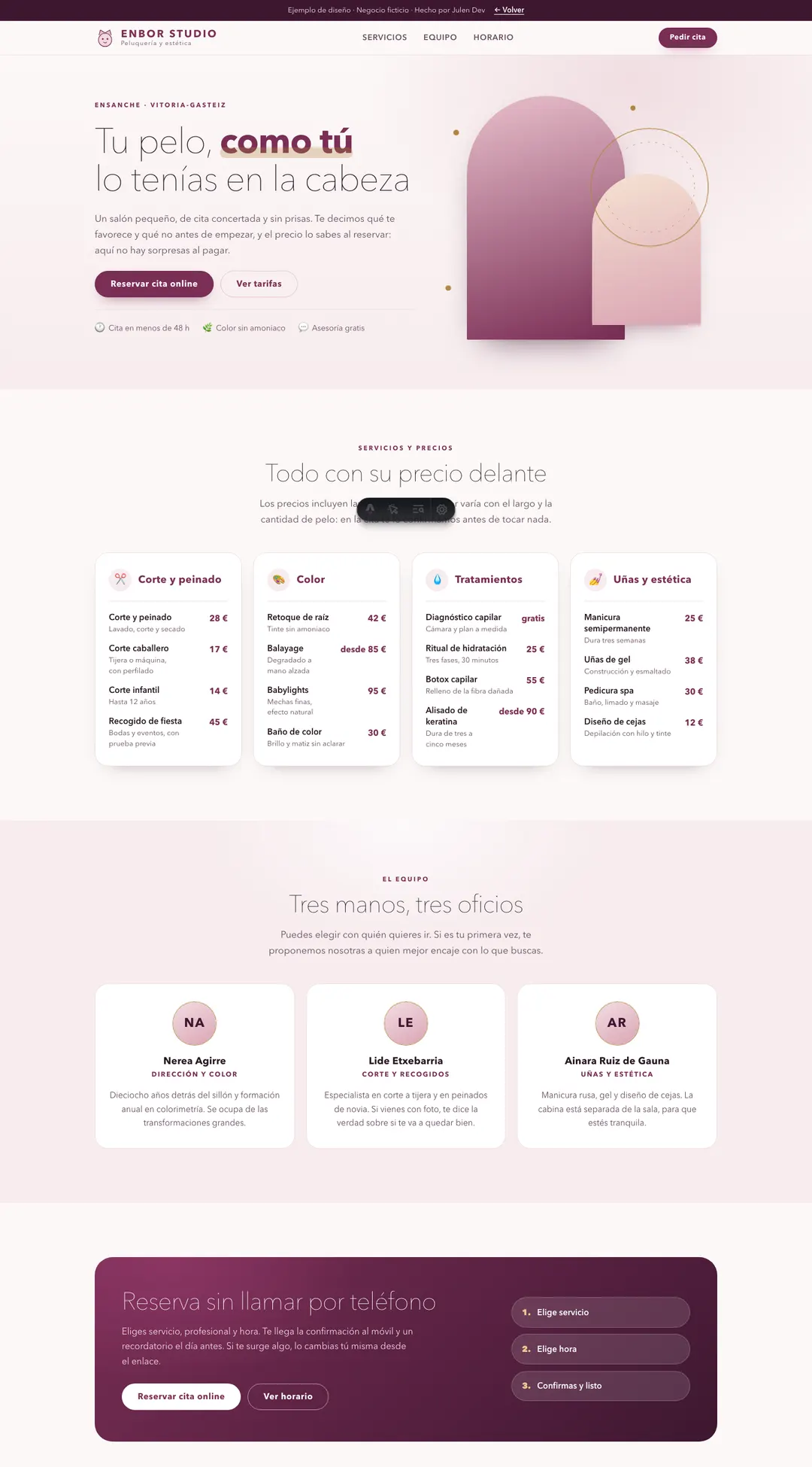 Captura de la web de ejemplo Enbor Studio, una peluquería: portada con la reserva de cita y la lista de servicios con precios.
