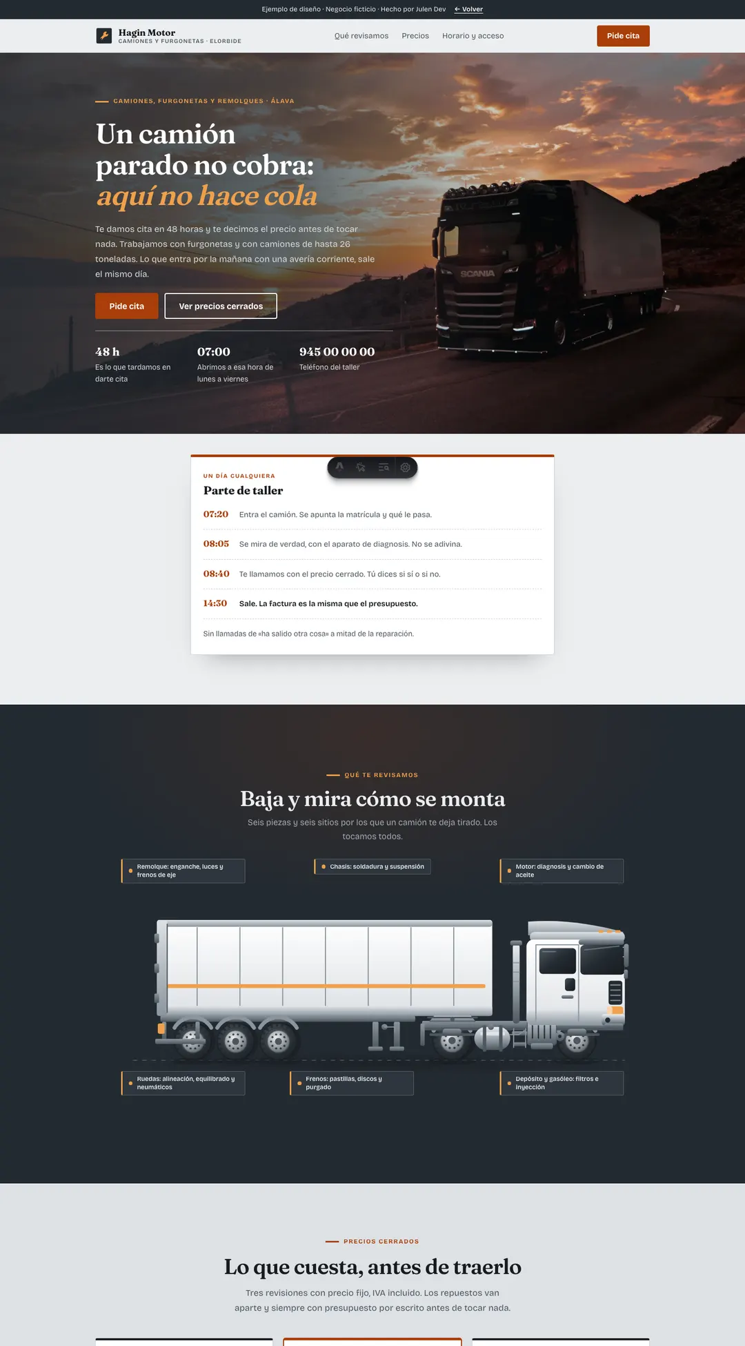 Captura de la web de ejemplo Hagin Motor, un taller de camiones: el camión dibujado por piezas con lo que se revisa en cada una, y las tres revisiones con su precio.