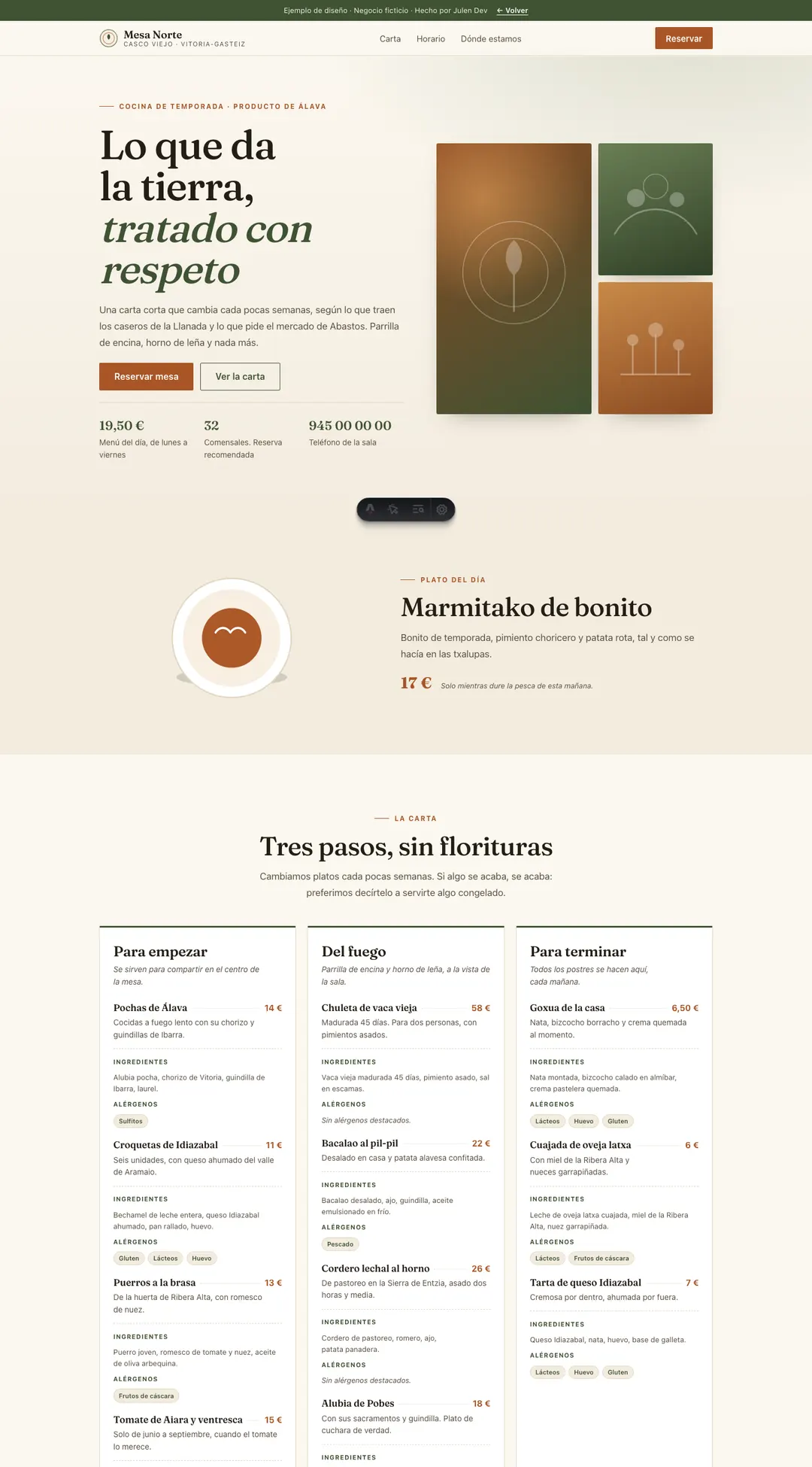 Captura de la web de ejemplo Mesa Norte, un restaurante: portada con el botón de reservar, carta de temporada y horario.