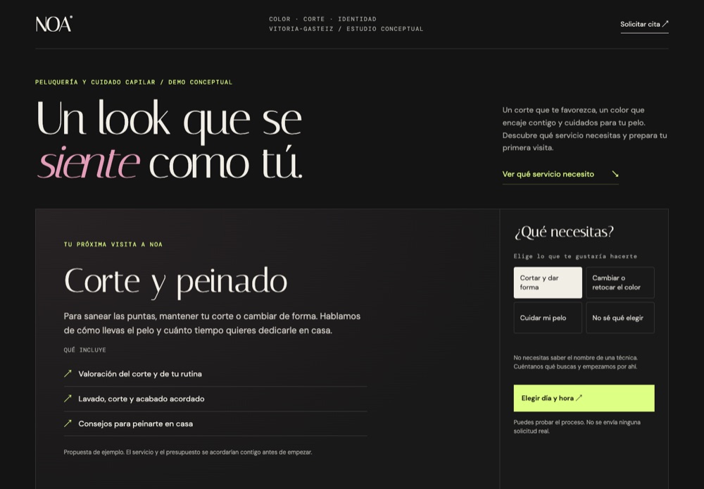 Vista real de la web demo NOA Studio